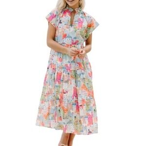 NWT Pinch Santorini Toile Isa Midi Dress L Houses Travel Pastel Whimsical Travel